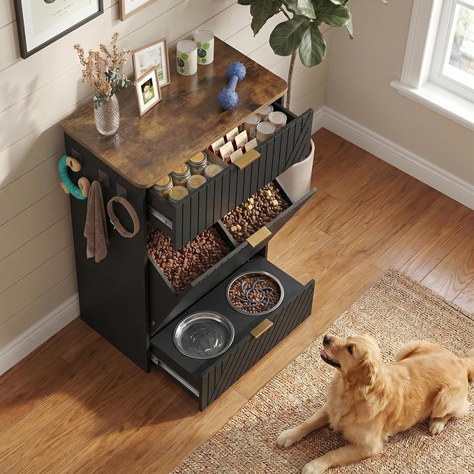 Dog Feeding Station Cabinet, Elevated Feeder Bowl, Black, Classic Panel | Slow Feeder Insert, Large food bin, Removable Divider, 3 Side Hooks, Pull-Out Drawer, Easy to Clean for Small & Middle Dogs
