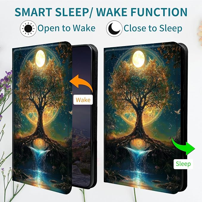 Case for Samsung Galaxy Tab S10 Plus 2024/S9 FE+/S9 Plus 12.4" 2023, 360 Degree Rotating Stand with Multi-Angle Vertical Shockproof Protective Shell for Women Men, Moon Orange Tree