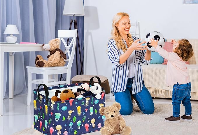 Kid Storage Basket Gift Shelf Basket Toy Storage Bin, Nursery Basket Organizer Box for With Handles for Room Deco (Colorful Jellyfish)