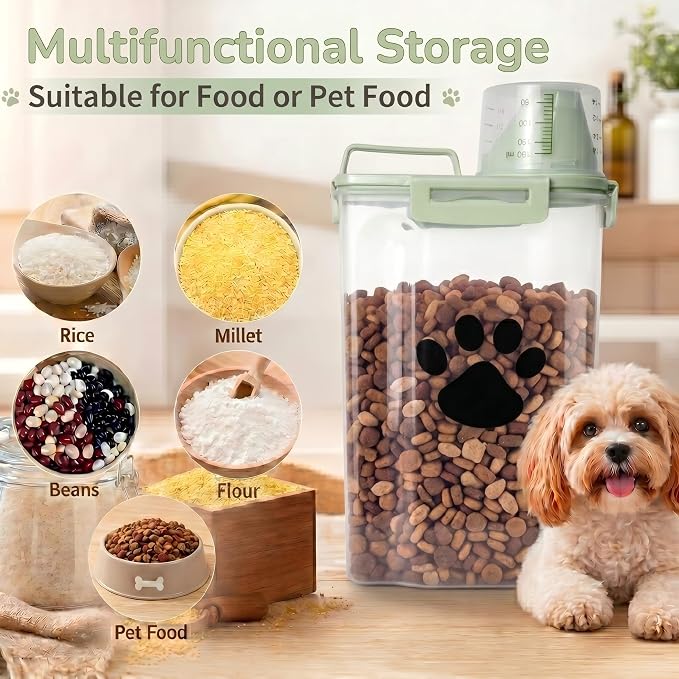 Dog Storage Container with cleaning brush with Measuring Cup | Airtight Portable Pet Food Containers with Upgraded Large Spout and Cup for Dogs,Cats,Birds,Small Animals（Green）