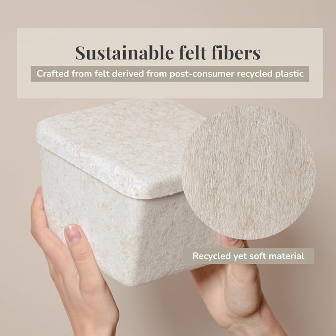 SortJoy The Sculpted Bin - Petite with Lid Set of 3 Storage Bin Felt Storage Basket Drawer Organizer Clothes Closet Cabinet Bathroom, Pantry, Kitchen Bin: 6.3" x 6.3" x 4.5" (Stone, Oatmeal)