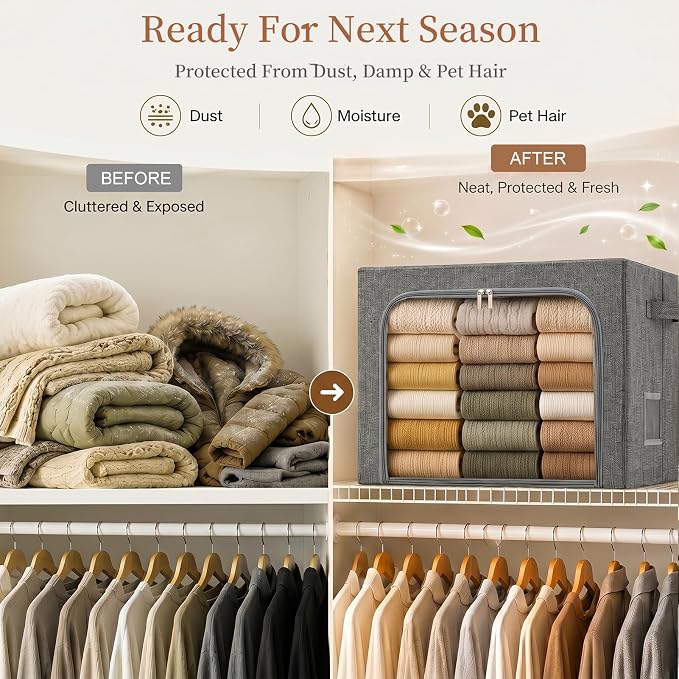 GoMaihe Clothes Storage Bins with Metal Frame for Blanket 3 Pack 66L Grey | Closet Top Shelf Linen Closet, Winter Clothing Bedding Comforters, 3 Side Access Stackable Collapse-Proof See Through Window