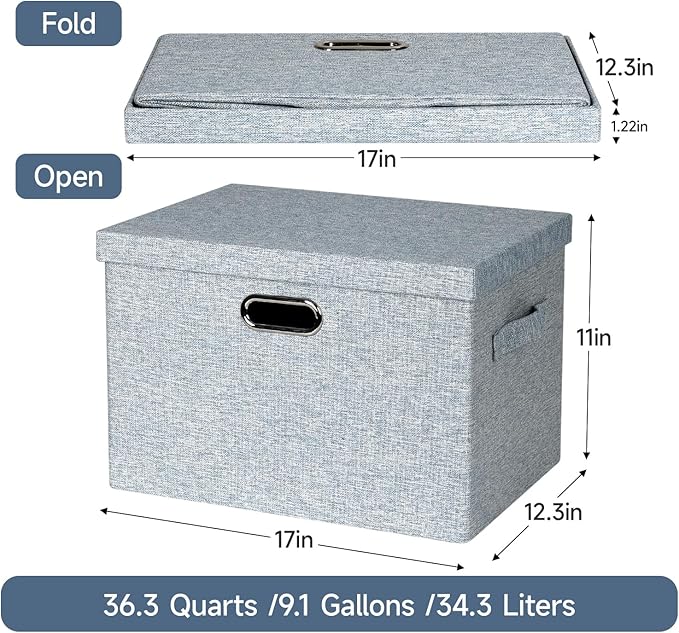 Storage Bins with Lids Fabric Closet Organizers Cubes Office Organization | 36 Quart 3 Pack Blue-Grey Collapsible Stackable Linen Fabric 4 Handles Bedroom Closet Cabinet Under Bed Clothes Toy Office
