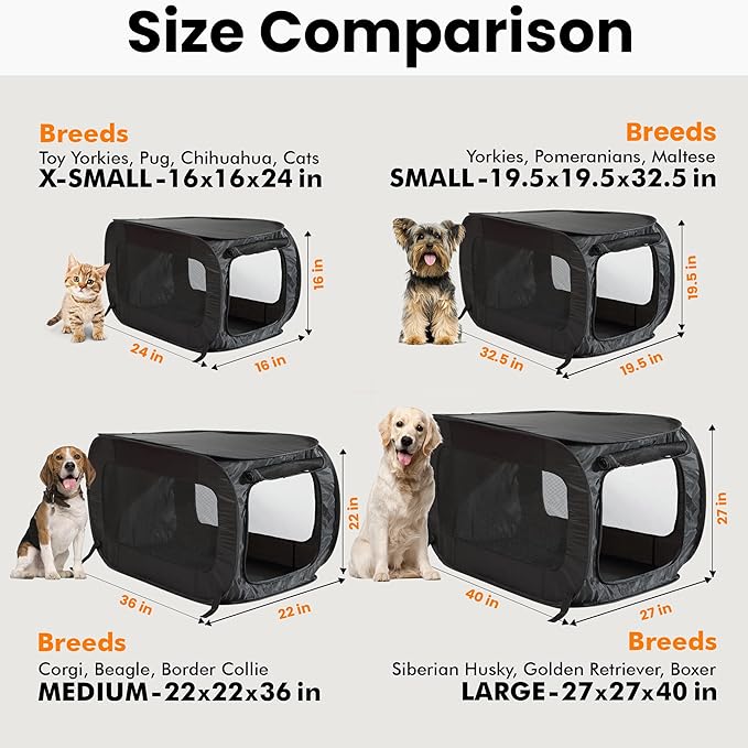 Portable Collapsible Pop Up Kennel, 24"L x 16.6"W x 16"H, Black | Collapsible indoor/outdoor travel cat and dog crate with mesh screen windows pops up and folds flat for easy storage