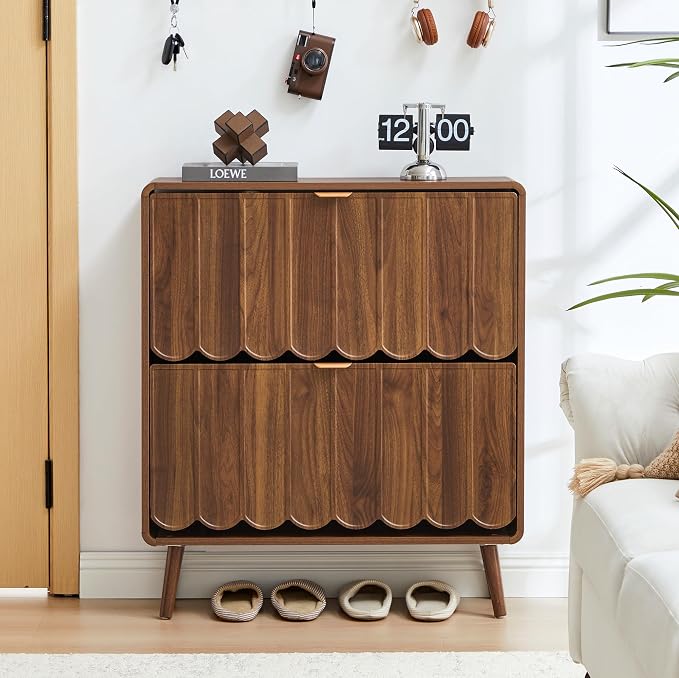 Shoe Storage Cabinet for Entryway with 2 Flip Drawers, Freestanding Narrow Wooden Shoe Cabinet with Wave Panel, Hidden Shoe Organizer for Foyer, Hallway (Walnut)