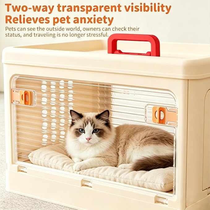 Pet Carrier for Cat & Dog,19-in Collapsible Cat Carrier Hard,Portable Crate | Dogs Travel Crates,Pets up to 20 lbs, Durable Plastic Travel Kennel for Car, Ventilated Design, Beige