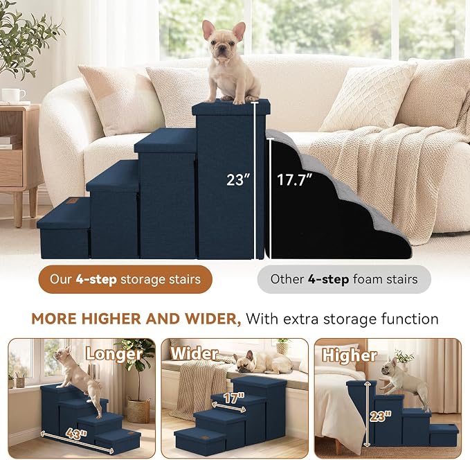 Zerbuger Dog Stairs with Storage, Navy Blue 4 Steps Dog Ramp no Condo | 23" H Wider Dog Steps for High Beds Couch, Folding Storage Pet Stairs Gift for Climbing Small/Medium/Large Old Dogs Cats