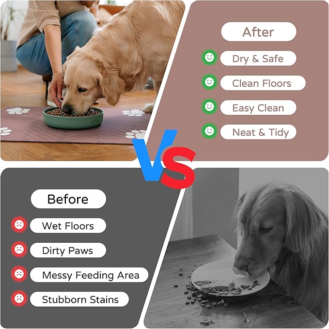 Pet Feeding Mat-Absorbent Dog Feeding Mat for Food and Water Bowl,No Stains Pet Placemat,Quick Drying Water Dispenser Mat for Dog and Cat,Easy to Clean Dog Accessories(S,Dark Brown White Paw)