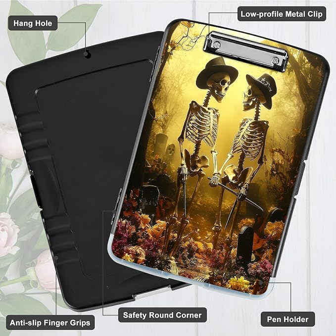 A4 Clipboard with Storage Pen Holder, Clipboards Organizer Nursing Clipboard Foldable File Folder Plastic Clipboard Folio Clip Board for Office Work Classroom Doctor, Forest Skull Leaf