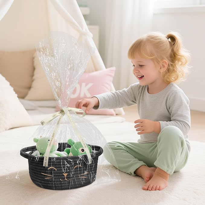 Small Cat Toy Basket, Gift Baskets Empty for Baby Shower,9.8" x 4" | Boo basket Cute Woven Rope Storage Basket for Home Decor, Baby Baskets for Nursery, Cat Pet toy box, Black