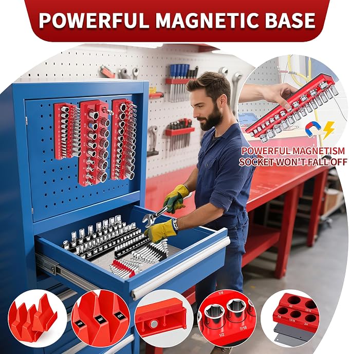 Magnetic Socket Organizer Set, 8PCS Socket Holder, 6 Socket Trays & 2 Wrench Racks, Metric & SAE Tool Box Organizer for 1/4", 3/8", 1/2" Sockets for Toolbox Storage(Socket, Wrench not Included)