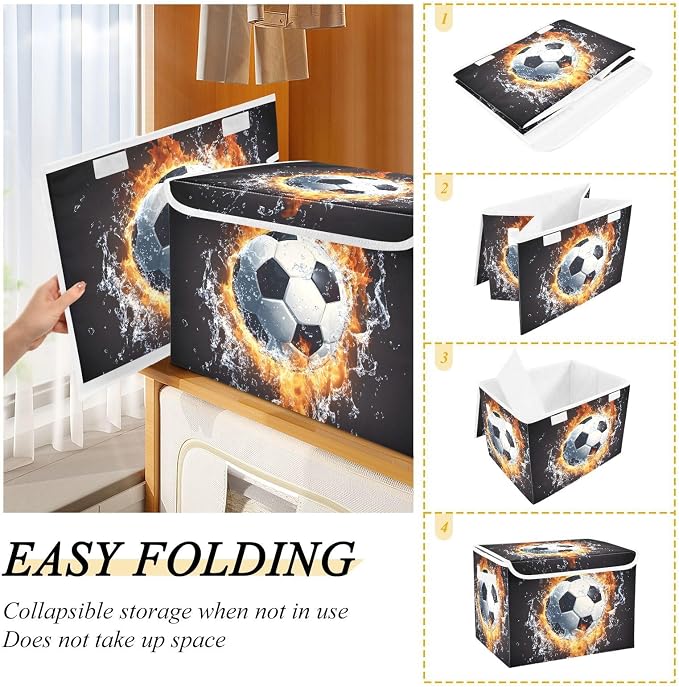 Soccer Fire Storage Bins with Lid Foldable Storage Boxes 40L Baskets | Decorative Storage Boxes, Dust-Proof Flip Top, Reinforced Handles, For Home & Bedroom, Clothes & Toy Box, Oxford Fabric Print