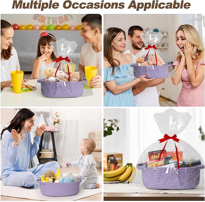 Small Baskets for Gifts Empty, 13"x 9"x 5" Woven Gift Basket with Bag and Ribbon, Cotton Rope Kids Dog Cat Toy Bin Box, Cute Baby Nursery Organizer, Decorative Storage with Handles,Purple