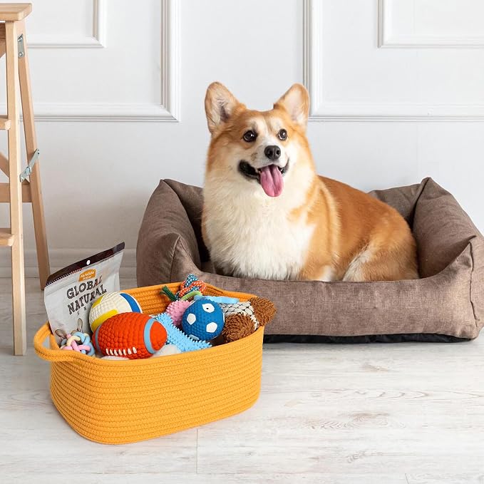 MEGASKET Orange Woven Basket, 13.5" x 10" x 6" Baskets for Gifts Empty, Cute Cotton Rope Cat Dog Toy Bin Box, Small Woven Bin for Organizing, Orange Room Decor, Nursery Cloth Diaper Storage Organizer