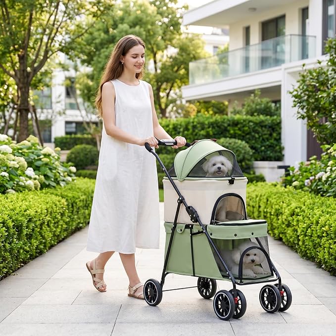 YYW Double Pet Stroller Foldable 2 Carriages Lockable Wheels Green Beige | Travel Strolling Cart, Top Detachable Carrier, Ideal for Multi-Pet Families, Small Dogs & Cats, Outdoor Walks & Vet Visit