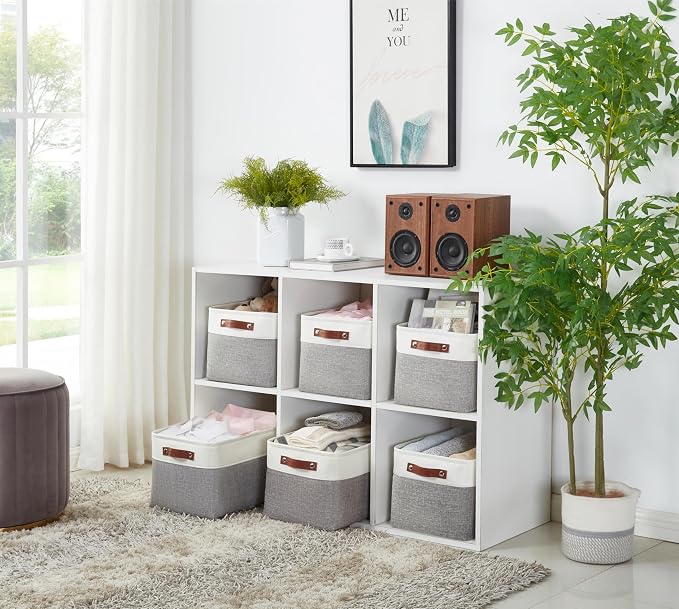 DECOMOMO Storage Bins, Large Fabric Storage Baskets for Shelves 1 Pack | 15 x 11 x 9.5 inches Decorative Linen Closet Organizers (Grey & White)