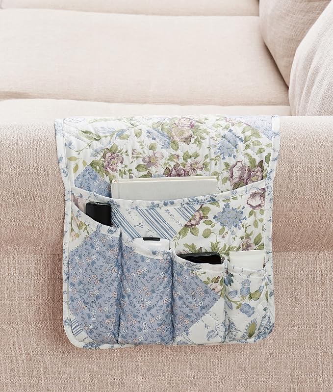 Brilliant Sunshine Blue Roses Patchwork Couch Armrest Cover, 35"×13" | Washable Magazine Holder, Armrest Organizer & Caddy on Sofa, Recliner, Armchair, Storage for Remote Controls, Phone, iPad