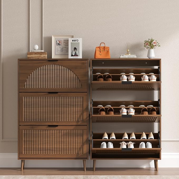 BORNOON Shoe Cabinet for Entryway with 3 Flip Drawers, Slim Wooden Shoe Storage Organizer with Modern Fluted Pannel，Freestanding Narrow Hidden Shoe Rack for Hallway, Foyer, Living Room