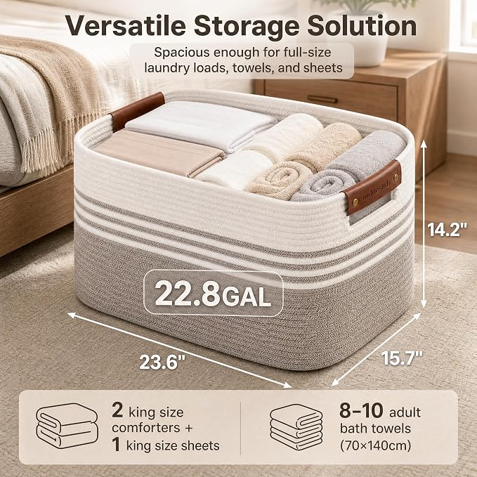 Cotton Rope Laundry Basket Extra Large, 22.8GAL Collapsible Woven Storage Baskets for Living Room Kids Toys Stuffed Animal,Boho Rectangular Decorative Hamper for Dirty Clothes, Blankets White Brown