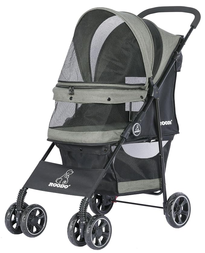 ROODO 4 Wheel Dog Cat Pet Stroller Best Lightweight Foldable Compact Portable Jogger All Terrain Travel Pet Gear Puppy Doggie Bunny Kitty Stroller for up to 30lbs Medium Small Dogs Cats(sage Green)