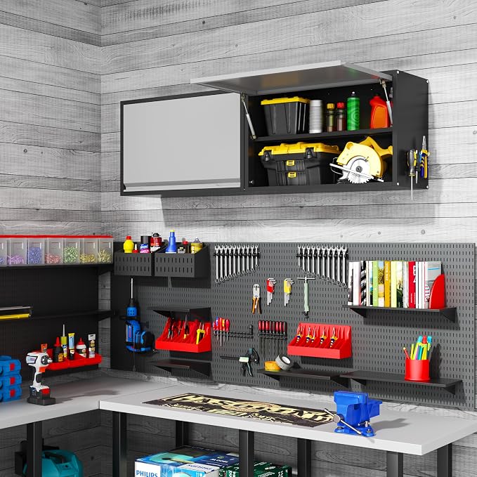 Garage Wall Cabinet, 19.7" H Metal Wall Cabinet with Up-Flip Door | Wall Mounted Metal Storage Cabinet, Upper Cabinet for Kitchen,Garage,Workshop,Warehouse, Assembly Required, Gray