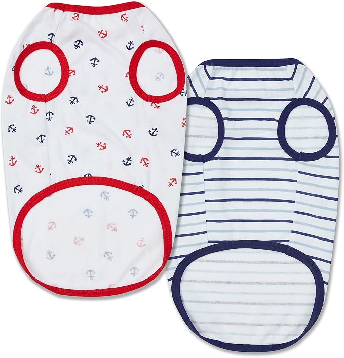 Blueberry Pet Soft & Comfy Summer Vacation Beach Cotton Dog T-Shirts, 2 Pack, Sea Lover Navy Sailor Shirts Tank Top Clothes, Back Length 10", for Small Dogs