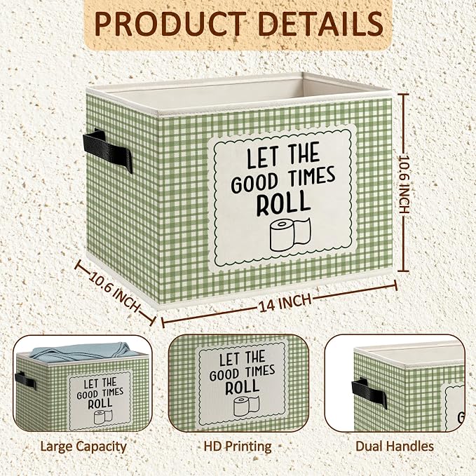 Funny Bathroom Foldable Storage Bins Box with Handles, Let the Good Times Roll Sage Green Gingham Plaid Decorative Storage Boxes Baskets Organizer for Washroom Guest Bathroom
