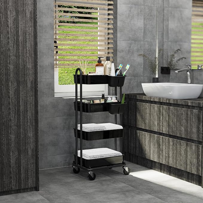 Simple Houseware 4-Tier Rolling Utility Cart with Hanging Bucket, Black | Storage for Bathroom, Kitchen, Office, Study Room, Nursery Diaper