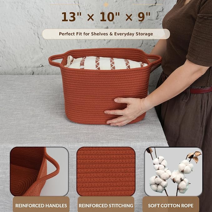 XUANGUO Woven Cotton Rope Storage Basket with Handles 13x10x9 inch Rustic | Woven cotton rope basket for shelves and closets. Perfect for toys, books, clothes, nursery storage and gift baskets.