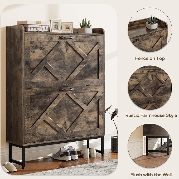 Shoe Cabinet with 2 Flip Drawers, Entryway Organizer, Chestnut | Slim Wood Shoe Rack with Metal Legs, Farmhouse Shoe Cabinet Storage for Entryway, Foyer, Hallway, Shoe Dresser with Hook