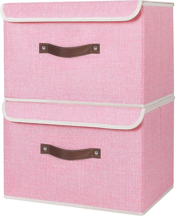 ANMINY Fabric Storage Box Bins with Lids, Pink, 15"x10"x10", 2 Pack | Keepsake Memory Storage, Cotton Linen, PP Board Reinforced, Washable, PU Handles, Foldable & Stackable, Decorative, Large