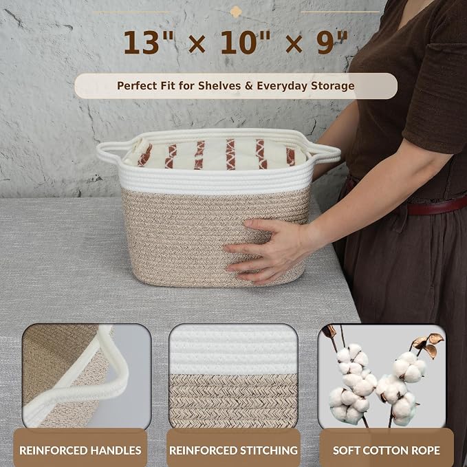 XUANGUO Woven Cotton Rope Storage Basket with Handles 13x10x9 inch | Woven cotton rope basket for shelves and closets. Perfect for toys, books, clothes, nursery storage and gift baskets.