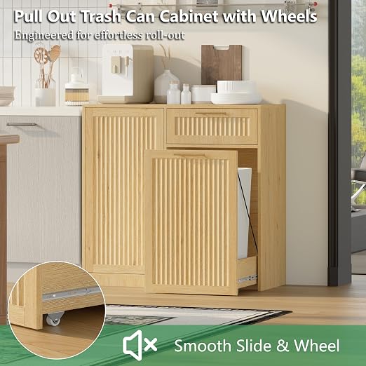 Single 13 Gallon Pull Out Trash Can Cabinet with Storage Cabinet,Natural | Pet Proof Hidden Garbage Can Cabinet,3-Tier Shelves,Fluted Design,Extra Drawer Space,Kitchen & Dining Room Organization