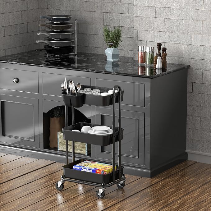Simple Houseware 3-Tier Rolling Utility Cart with Hanging Bucket, Black | Storage for Bathroom, Kitchen, Office, Study Room, Nursery Diaper