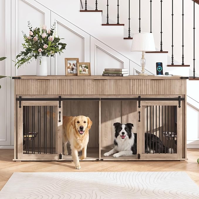 71" Large Dog Crate TV Stand with 3 Fluted Drawers, Furniture Style Wooden Double Dog Crate Furniture with Power Outlet and Rotating Feeders, Dogs Cage for Small Medium Large Dogs, Grey Oak
