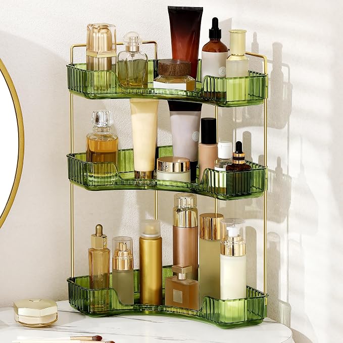 Corner Bathroom Counter Organizer Bathroom Countertop Shelf Makeup Organizer for Vanity Perfume Tray for Corner Storage (3 Tiers, Green)