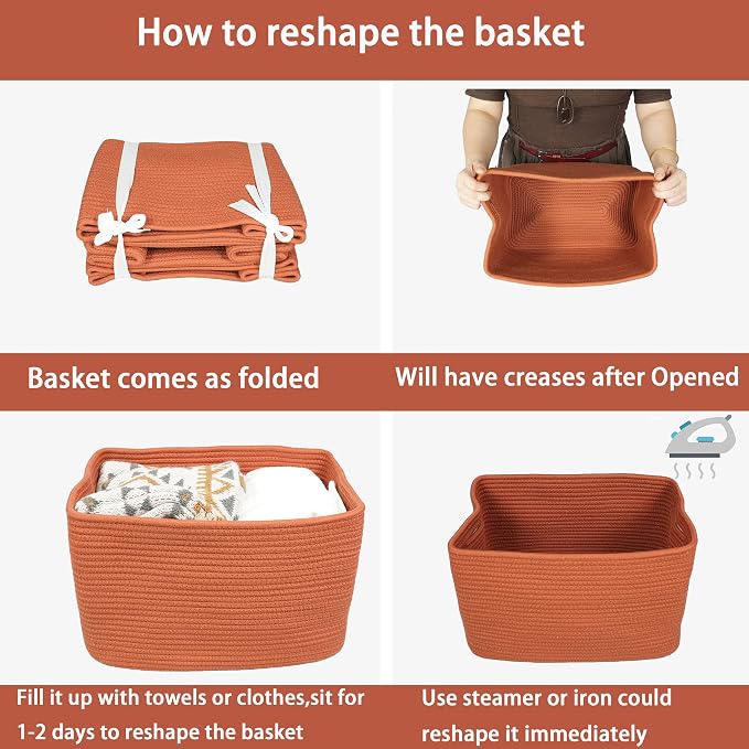 XUANGUO Woven Cotton Rope Storage Baskets 15x10x9.3" 3 Pack Rust | Decorative rectangular baskets for shelves and closets; storage bins help organize clothes, toys, books and nursery items.
