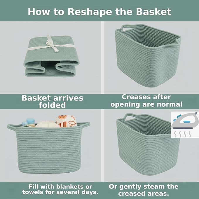 XUANGUO Woven Cotton Rope Storage Basket with Handles 13x10x9 inch Green | Woven cotton rope basket for shelves and closets. Perfect for toys, books, clothes, nursery storage and gift baskets