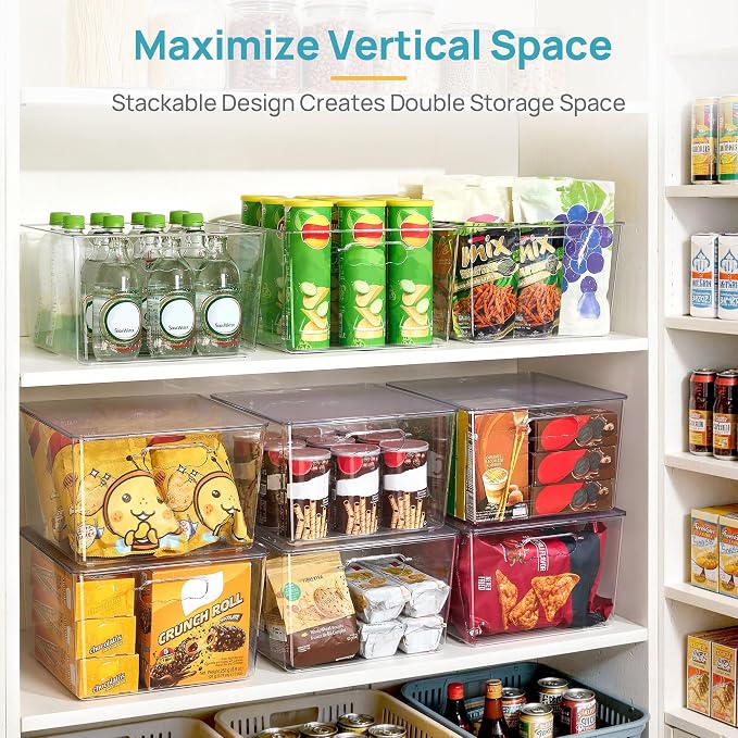 Vtopmart 4 Pack Extra Large Clear Stackable Storage Bins with Lids for Cube | 11in Cube Storage Bins with Handle for Onions and Potatoes, Plastic Containers for Pantry, Freezer, Kitchen, Closet, Bathroom