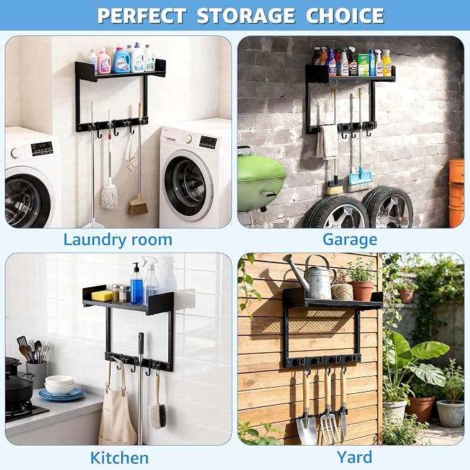 HUFAND 15" Wall Mounted Broom Holder and Mop Organizer with Shelf and Hook | Black Broom Holder Wall Mount, 4 Grippers, 3 Movable S-Hooks, For Garage And Laundry Room Storage