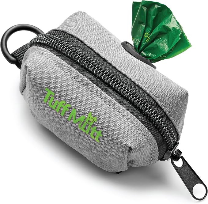 Tuff Mutt Dog Poop Bag Holder for Leashes with Velcro Attachment | Zippered Bag Dispenser, No-Swing Fit, Roomy for Backup Roll & Extras, D-Ring for Keys, Durable Fabric