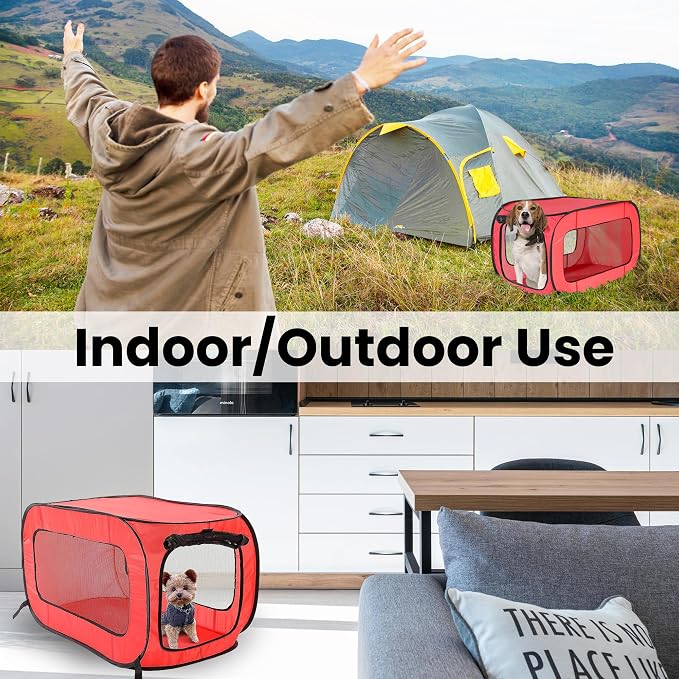 Portable Collapsible Pop Up Kennel, 32.5" L x 19.5" W x 19.5" H, Red | Collapsible indoor/outdoor travel cat and dog crate with mesh screen windows pops up and folds flat for easy storage