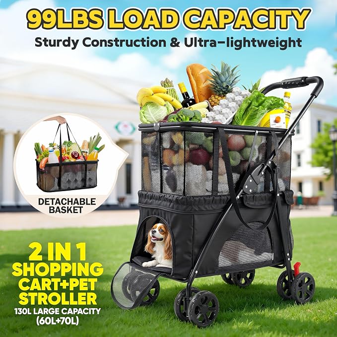 Folding Shopping Cart & Pet Stroller 99 LB, 130L Large Grocery Cart | 2-in-1 Collapsible Utility Cart Shopping Cart with Removable Basket for Laundry, Camping, Small Medium Dogs, Seniors