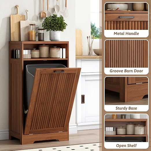 Pet-Proof Single 13 Gallon Tilt Out Trash Can Cabinet with Open Storage – Hide Garbage & Recycling Bins to Keep Your Kitchen Clean and Organized,Walnut