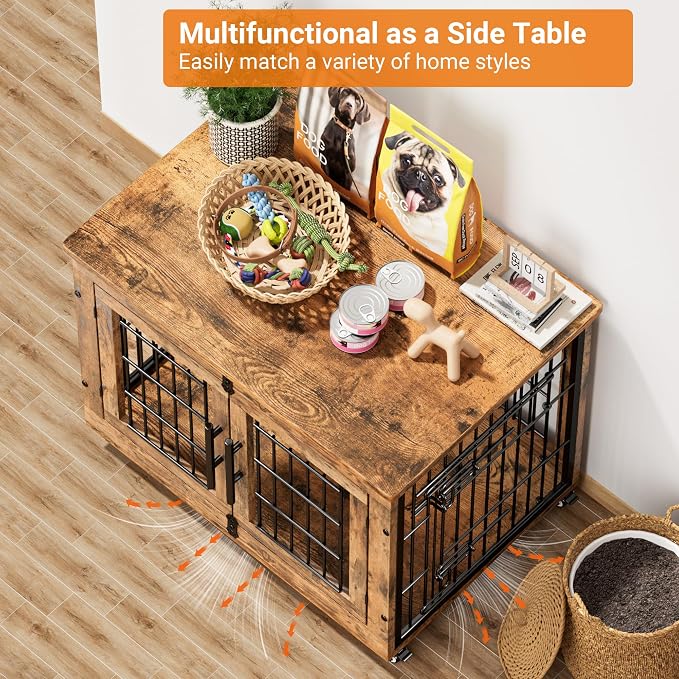 2 Pack Dog Crate Furniture, 32'' Heavy Duty Kennel with Cushion & Wheels | Rustic Brown, Double Doors, Wooden Dog Cage, Chew-Resistant, End Table, Decorative, 27"/32"/38"/44" Options, Indoor