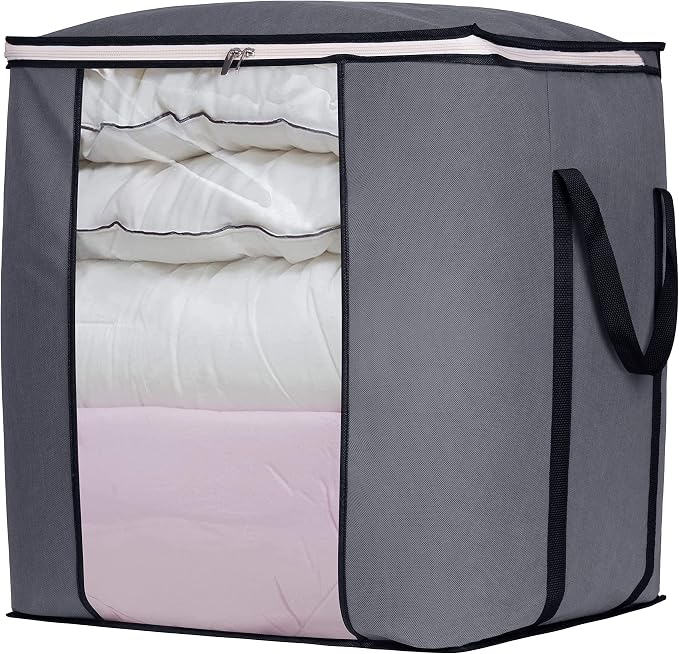 SLEEPING LAMB 120L Extra Large Blanket Storage Bags Breathable Clothes Storage Containers for King Comforter Bedding Pillow Sheet, Reinforced Handles, Grey