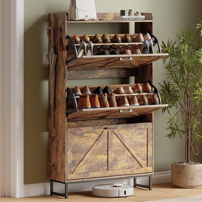 Xixini Shoe Storage Cabinet with 3 Flip Drawers, Entryway Shoe Rack, Brown | Freestanding Narrow Shoe Storage, Hidden Slim Wood Shoe Organizer, Modern Farmhouse, Open Storage & Hooks for Closet, Hallway
