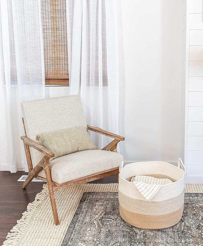 OrganiHaus Round Toy Basket & Blanket Basket, Cotton Rope 20x13" | 3-Toned Honey - Round Cotton Rope Basket, 20x13"