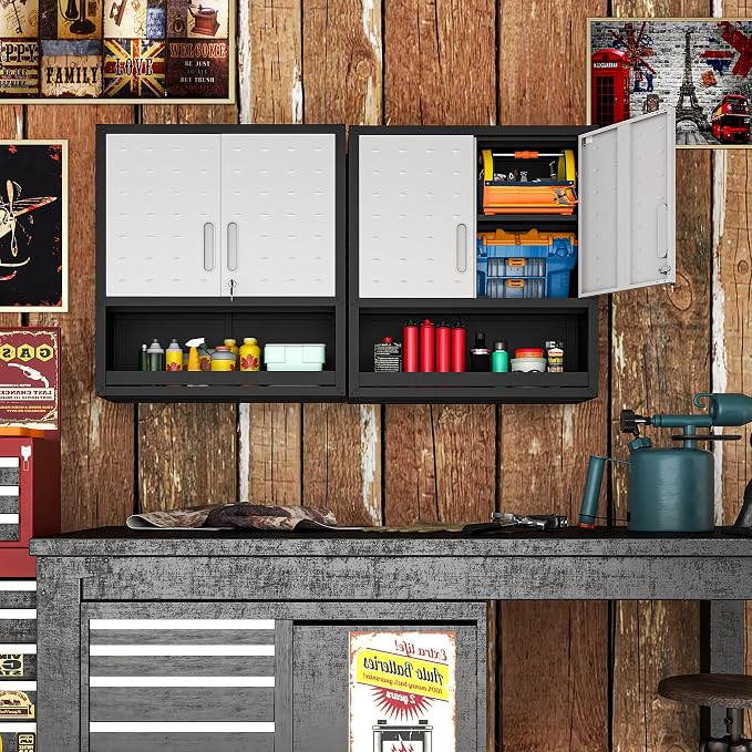 Metal Storage Cabinet for Garage, Tool Cabinet, Utility Cabinet | Wall Mounted, Hanging Tool Cabinet, Lockable, 2 Doors, Open Storage Compartment, Assembly Required, Black & Grey
