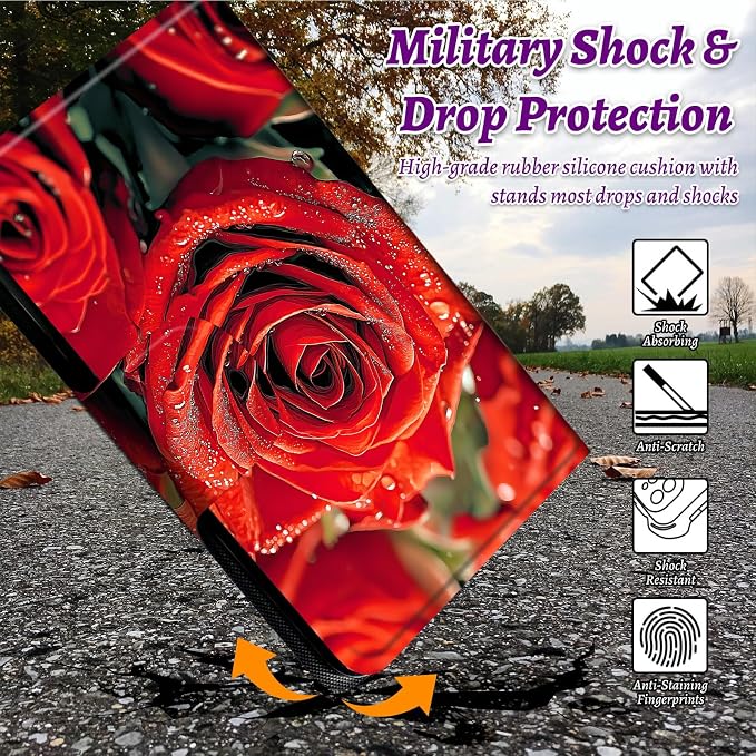 Rotating Handle Case for Samsung Galaxy Tab S10 Plus 2024/S9 FE+/S9 Plus 12.4 Inch 2023, 360 Degree Swivel Kickstand with Magnetic Closure Shockproof Leather Protective Cover, Red Rose